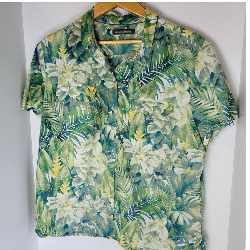 Tommy Bahama Mens Green Tropical Floral Palm Leaf Cotton Button Up Shirt XL